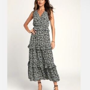 Lulus Spring in Your Step Black Floral Print Tiered Maxi Dress